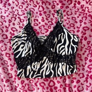 Y2K Zebra Print Lace Trim Top